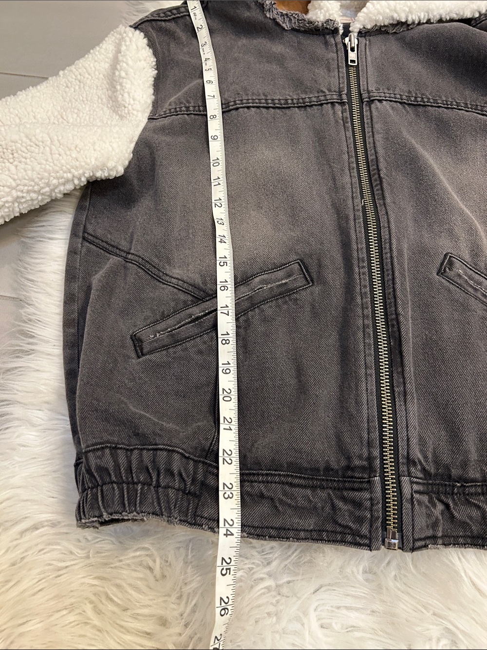 We The Free People Cozy Track Jacket Denim Sherpa Mixed Media Hooded - Picture 3 of 5